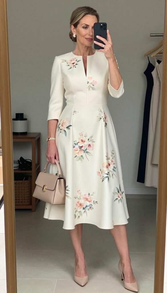 Petite woman over 50 in floral tea-length dress with cream jacket, pearl earrings, nude heels, and beige handbag at garden wedding