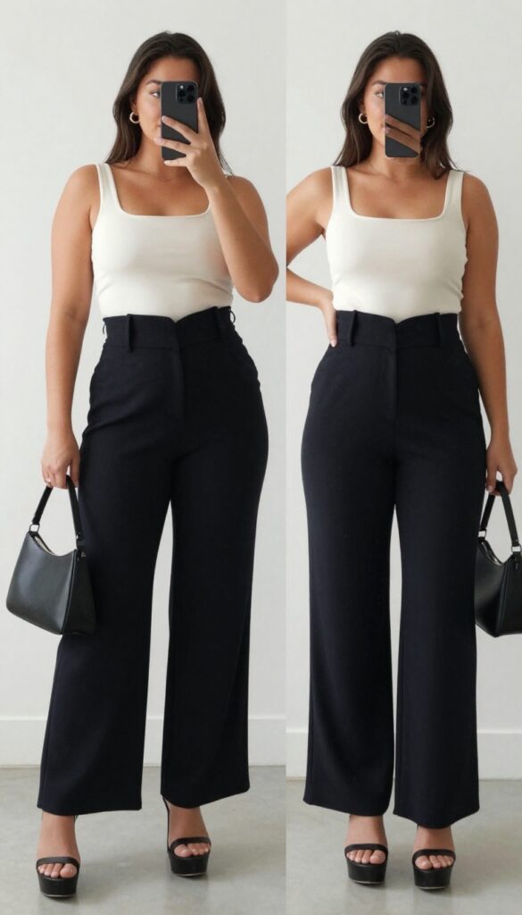Plus-size woman in high-waisted wide-leg pants and crop top, posing in mirror selfie, balanced proportions, wearable fashion.