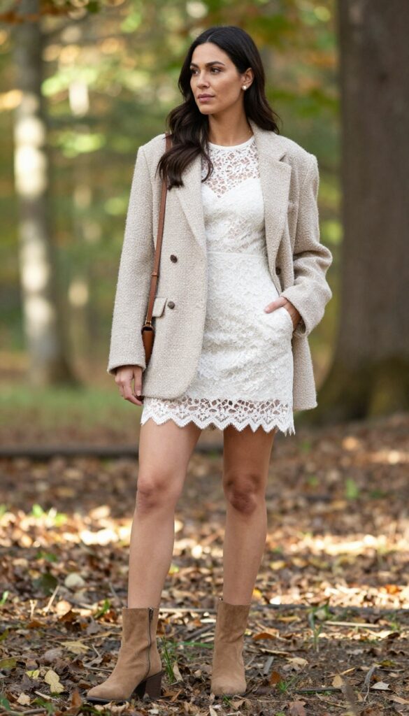 Woman in white lace mini dress and oversized beige tweed blazer posing in a forest clearing