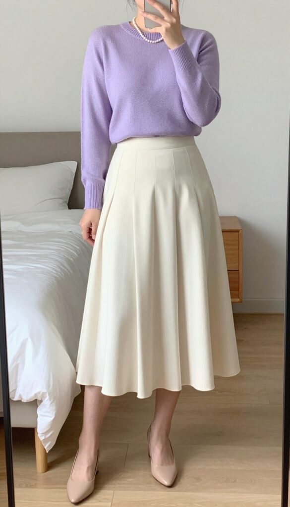 A woman in a lavender sweater and cream pleated midi skirt, with nude block heels and pearl accessories, standing in a bright office or brunch setting.