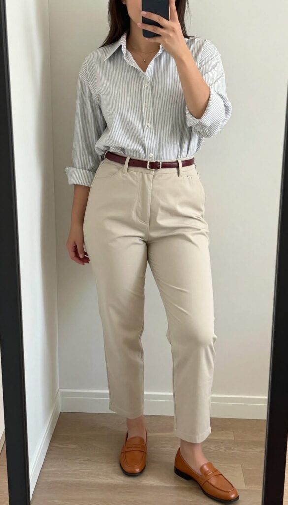 Woman in button-down shirt and cropped trousers with loafers, standing in office setting
