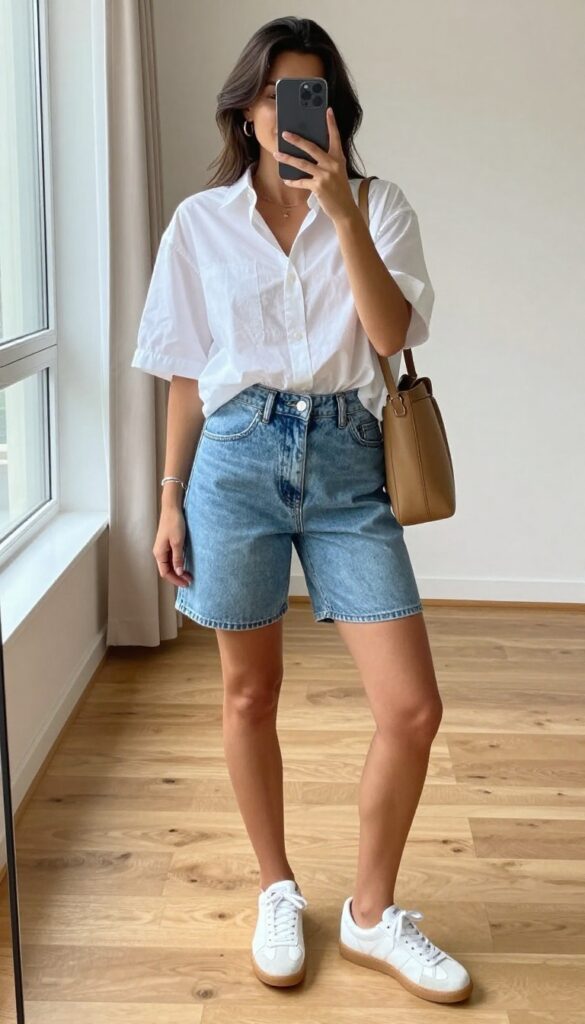 A woman in an oversized white button-down shirt and high-rise denim shorts takes a mirror selfie, showcasing a casual first date outfit.