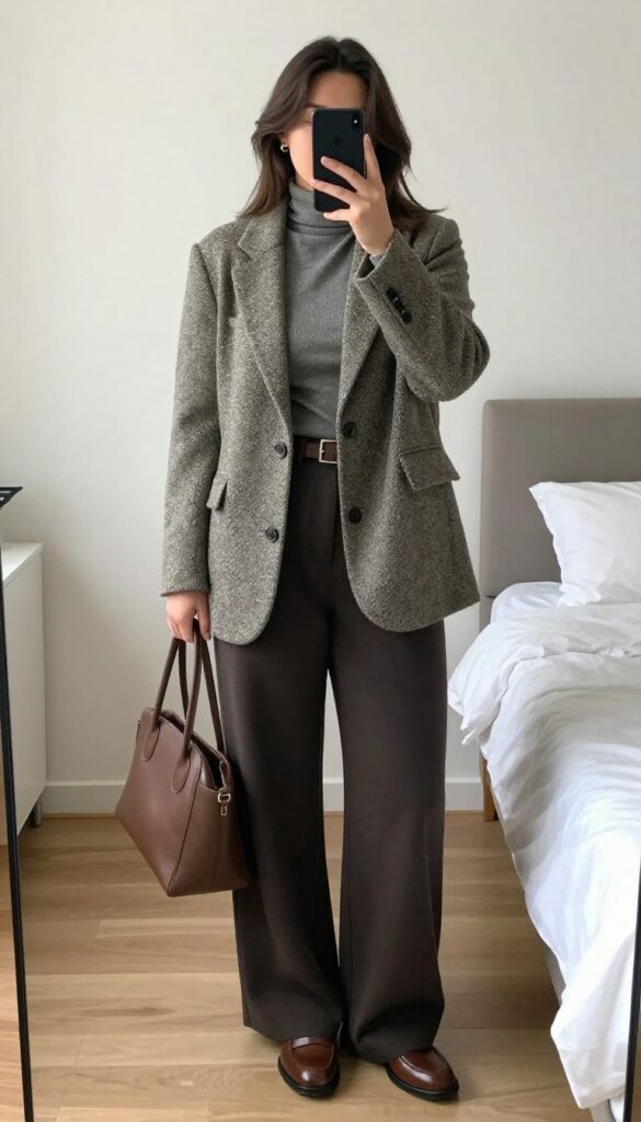 A woman in a camel knit blazer, black turtleneck, and wide-leg trousers poses in a mirror selfie, holding a phone.