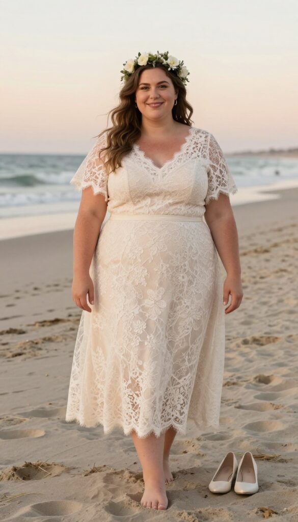 Plus size bride in ivory lace A-line dress with flutter sleeves, flower crown, barefoot on beach at sunset