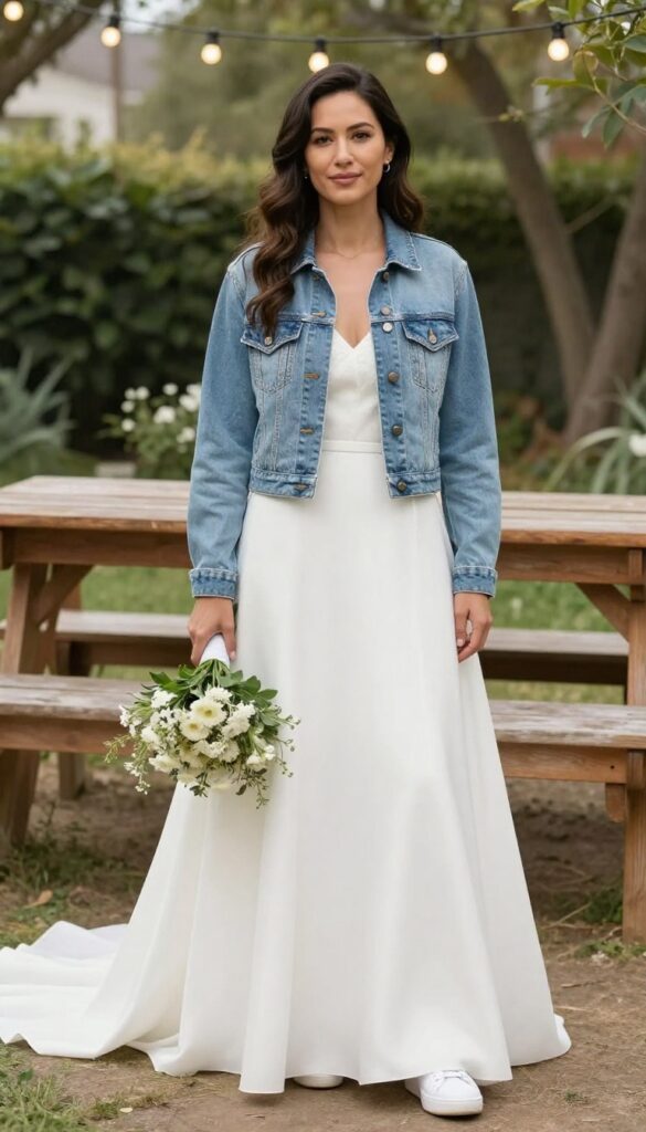 Woman in A-line wedding dress with denim jacket at backyard wedding