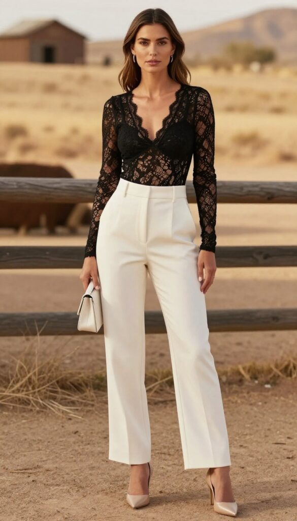 Woman in white pantsuit and black lace bodysuit at desert barn wedding