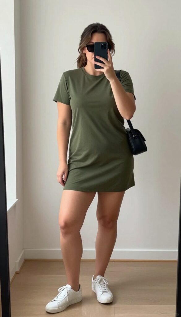 Plus-size woman in olive t-shirt dress, white sneakers, and black crossbody bag taking a mirror selfie, casual outfit for busy days.