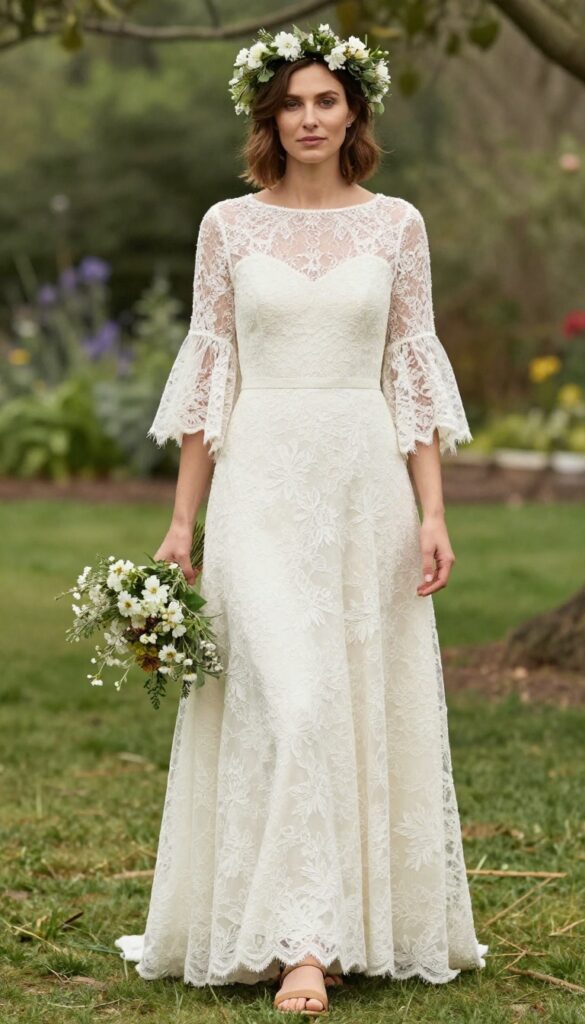 Woman in ivory lace wedding dress with flutter sleeves and empire waist, standing in sunlit garden with flower crown and wildflower bouquet.