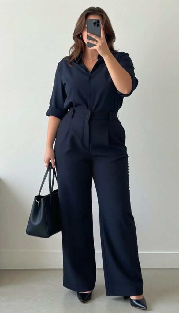 Plus-size woman in high-waisted wide-leg pants and tucked-in lightweight blouse, taking a mirror selfie in a bright office setting, showcasing a comfortable yet polished work outfit.