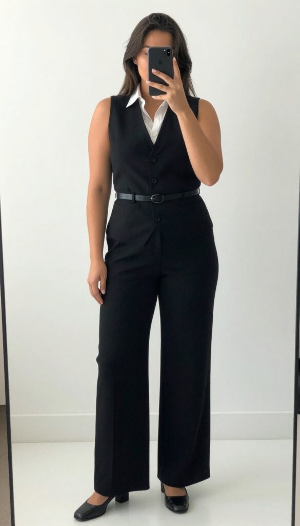 A woman in a black vest and white button-down with wide-leg trousers, posing in a mirror selfie in a bedroom, phone partially covering her face.