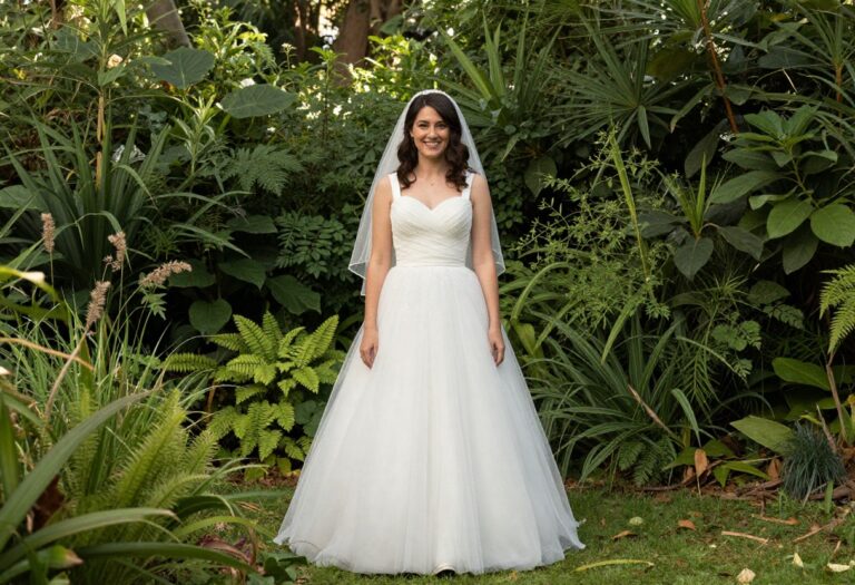 Bride in a white ball gown wedding dress with sweetheart neckline and full tulle skirt standing in a garden