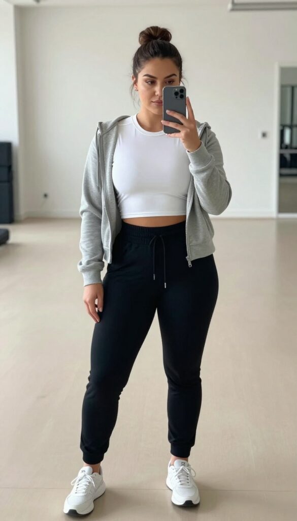 Plus-size woman in high-waisted joggers and fitted crop top taking a mirror selfie, showcasing a casual yet stylish workout outfit.