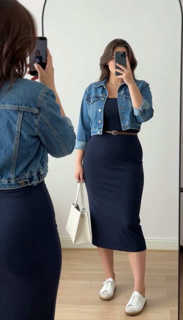 Curvy woman in A-line midi dress and cropped denim jacket, white sneakers, structured tote, taking mirror selfie in bedroom.