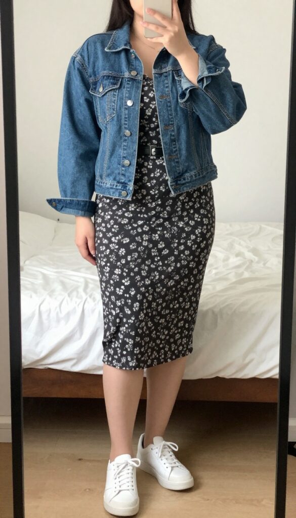 Denim jacket over midi dress with belt, sneakers, casual business casual outfit
