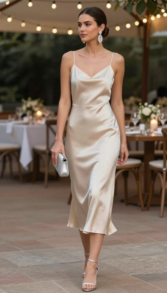 Woman in champagne satin slip dress with crystal earrings and silver heels at wedding reception