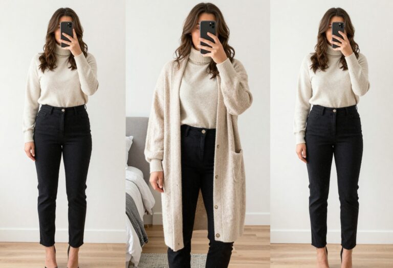 Woman taking a mirror selfie in a bedroom wearing black pants, cream turtleneck, and oversized cardigan.
