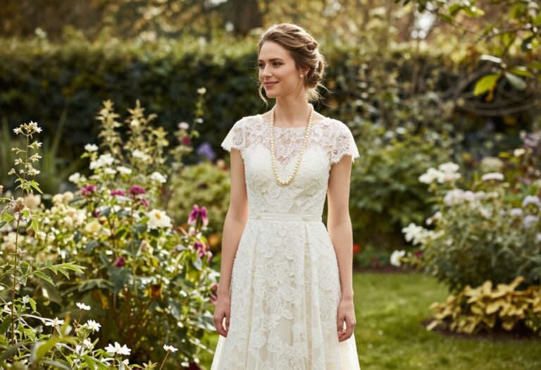 Woman in lace wedding dress with pearl necklace in garden