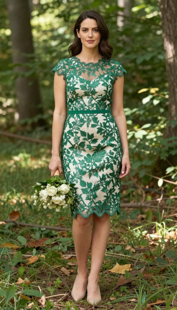 Woman in green lace-overlay sheath dress with leaf motifs, nude flats, and wooden-handle bouquet in forest clearing