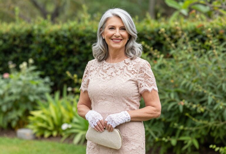 Mature woman in blush lace dress with white lace gloves at garden wedding
