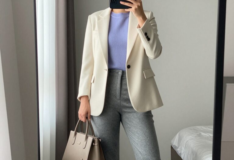 Woman in cream blazer, lavender sweater, and gray wool pants taking a mirror selfie in bedroom