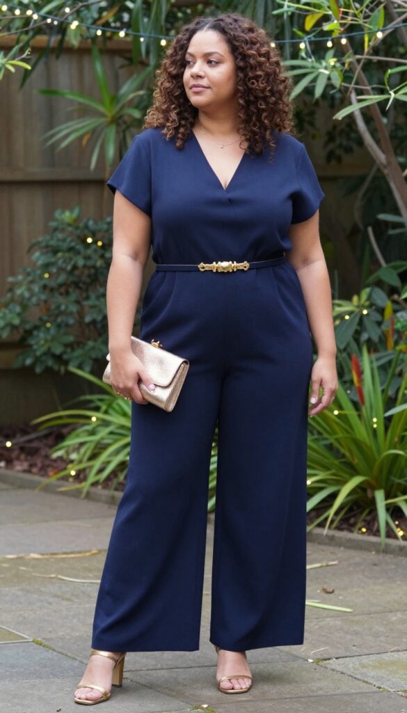 Plus-size woman in navy wide-leg jumpsuit with gold belt, gold heels, and metallic clutch in garden with fairy lights.