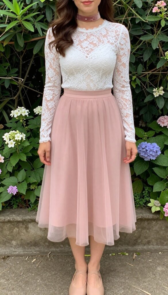 Woman in lace bodysuit and tulle skirt in garden