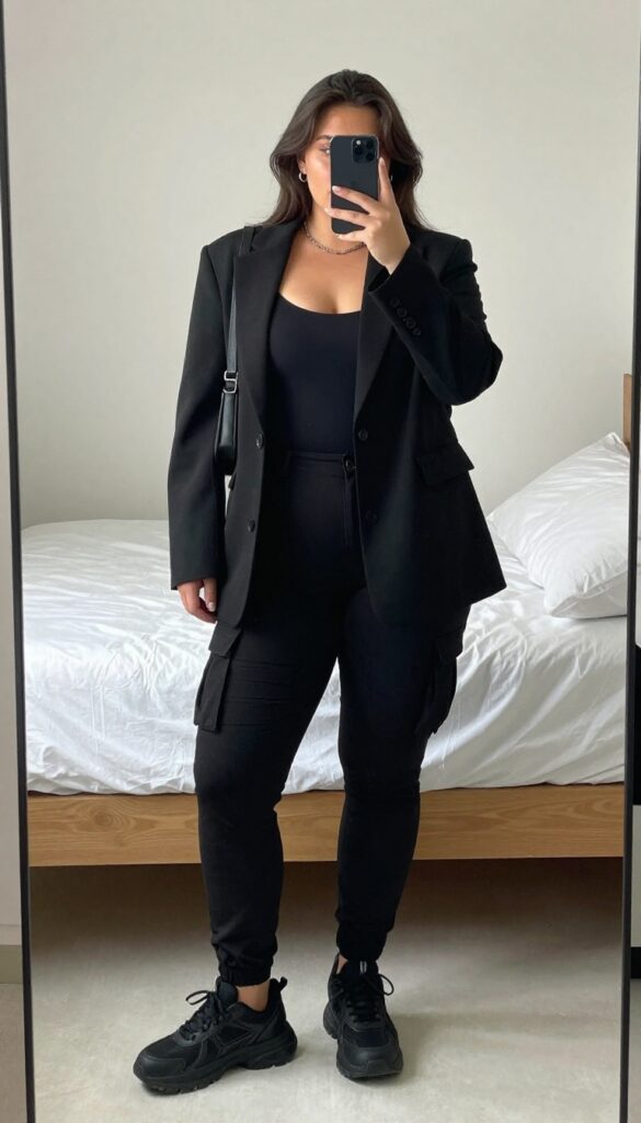 Woman in black cargo shorts, bodysuit, and cropped blazer, wearing chunky sneakers, taking a mirror selfie in a bedroom, phone partially covering face.