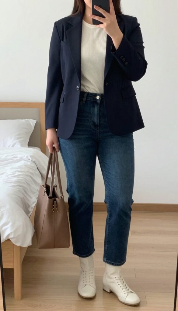 A woman in dark wash jeans, a tailored blazer, and a silk shell top, posing in a mirror selfie with her phone partially covering her face.
