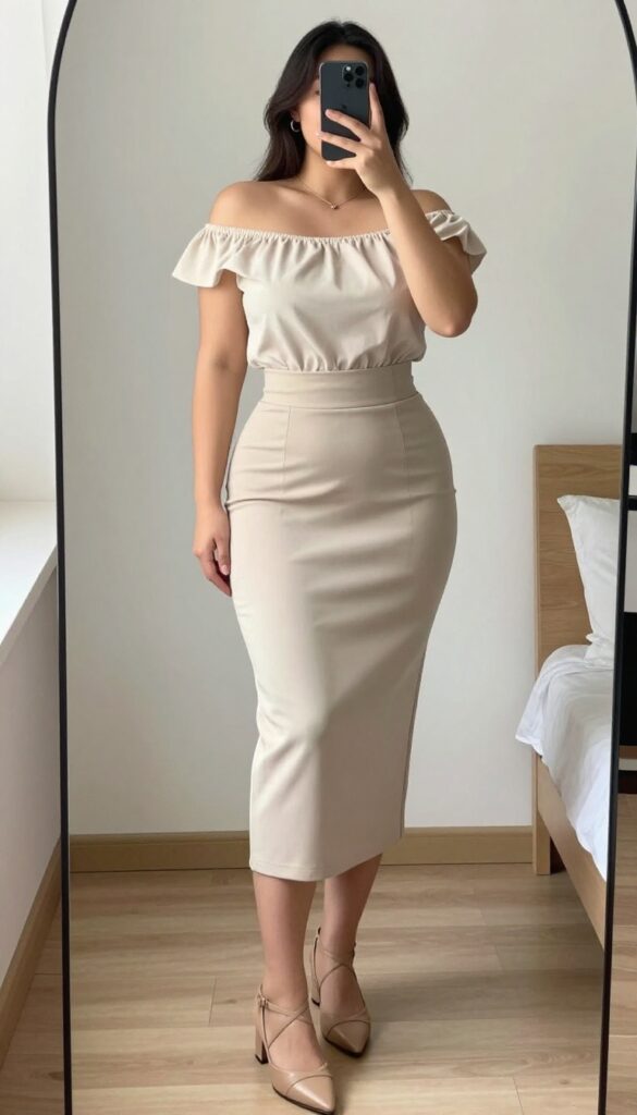 Woman in off-shoulder top and pencil skirt, mirror selfie, summer business casual