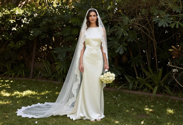 Woman in high neck wedding dress with bold cathedral veil in garden