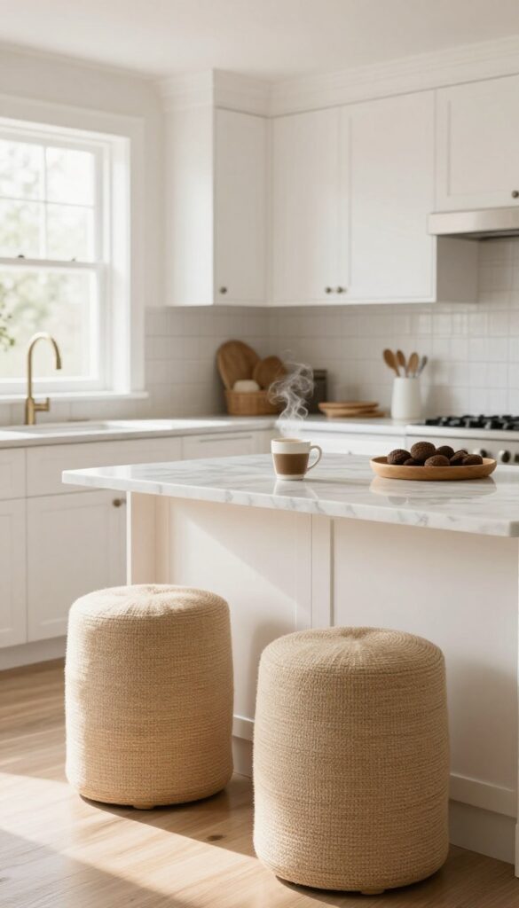 Two beige woven ottomans placed under a kitchen island, with a coffee mug on the counter, bright natural light.