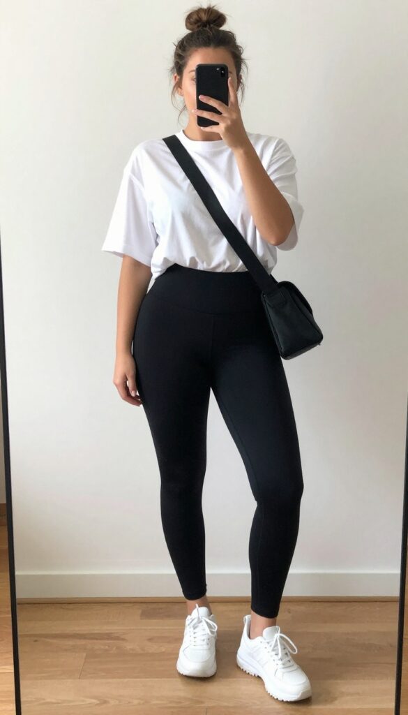 Plus-size woman in black high-waisted leggings and oversized white tee, taking a mirror selfie with phone, chunky sneakers and crossbody bag, messy bun, bright natural light.