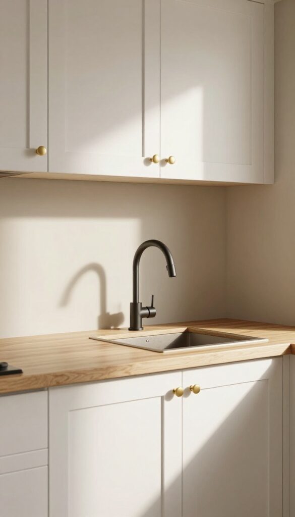 Cozy small kitchen with warm greige walls, white cabinets, wood countertop, and natural light