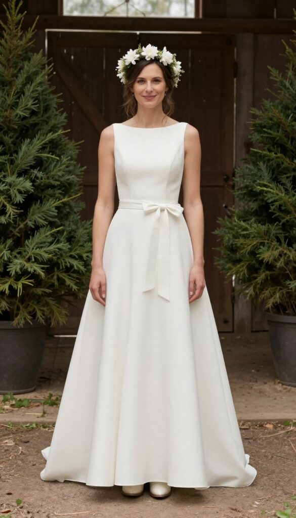 Woman in fit-and-flare white wedding dress with bow belt, cowboy boots, and flower crown in rustic barn setting