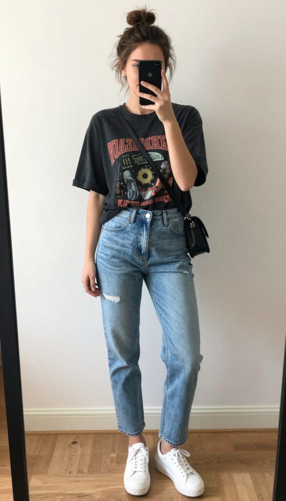 Woman in oversized graphic tee and high-waisted mom jeans taking a mirror selfie, chunky sneakers, crossbody bag, casual summer outfit.
