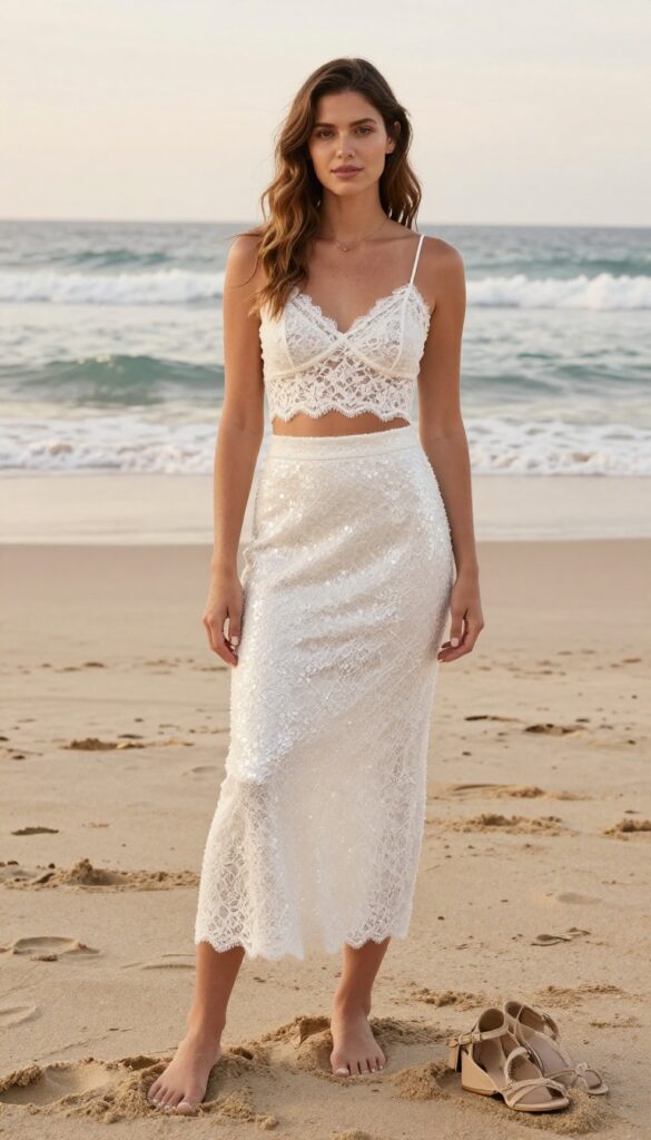 Adult woman in lace and sequin two-piece wedding set on beach at golden hour