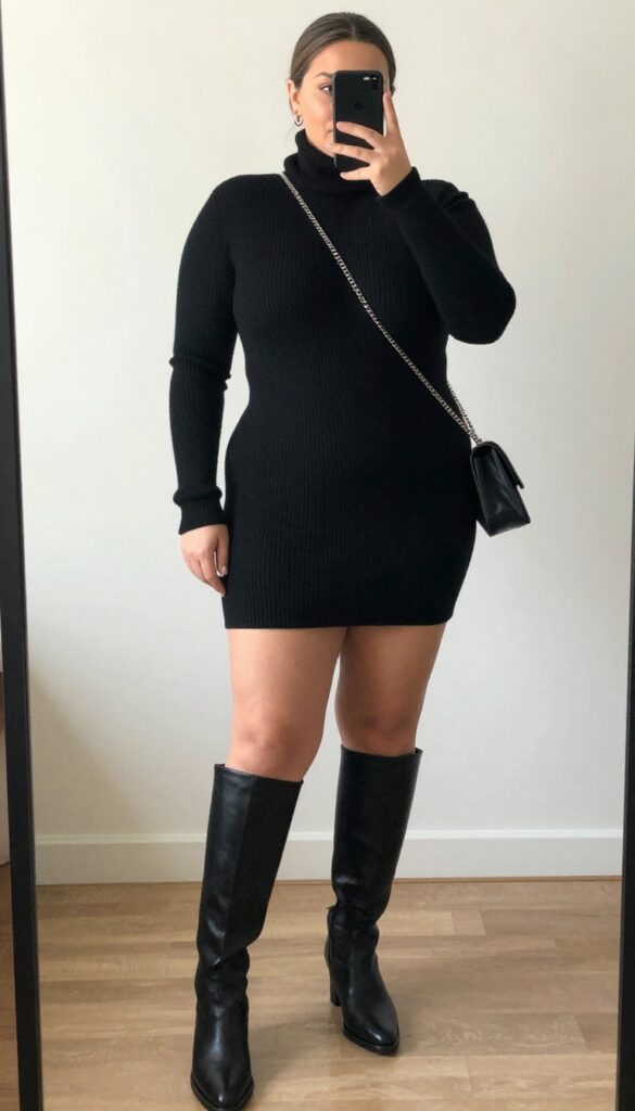 Woman in black turtleneck sweater dress and knee-high boots, holding coffee, standing by office window