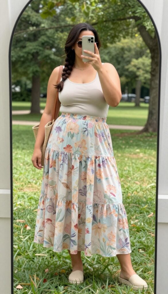 Plus-size woman in a floral maxi skirt and fitted tank top taking a mirror selfie for an outdoor picnic birthday outfit.
