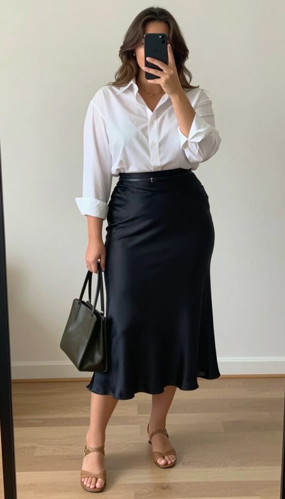 Woman in satin midi skirt and tucked button-down shirt with belt, standing in a bright office or café setting.
