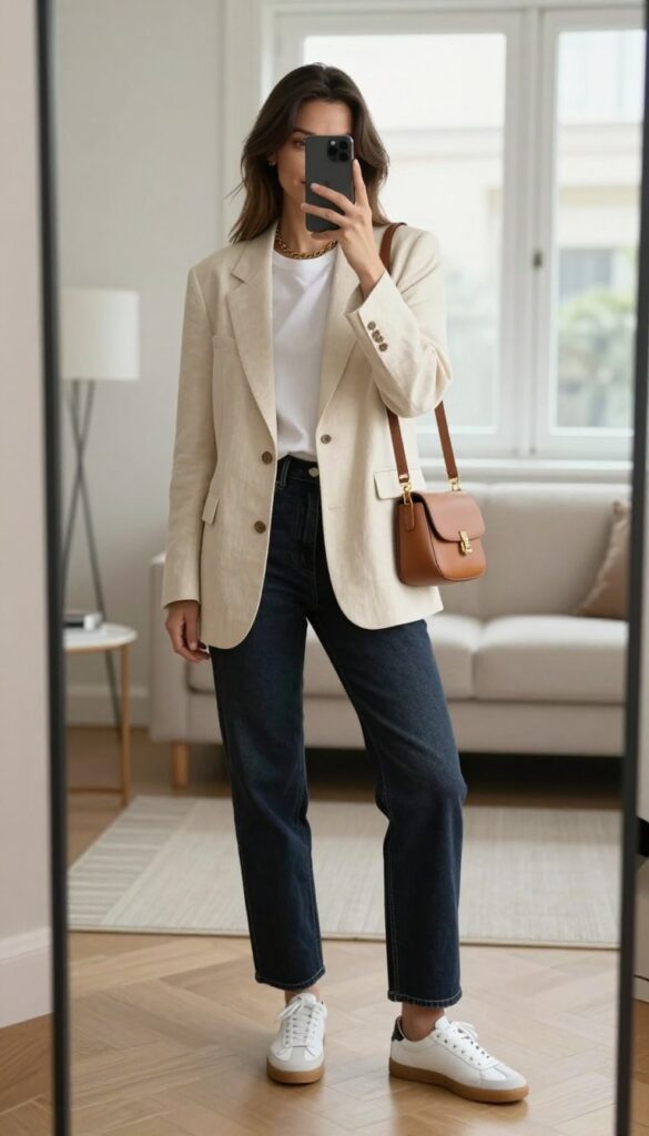 Woman in cream blazer, white tee, and dark jeans taking a mirror selfie in a bright living room.
