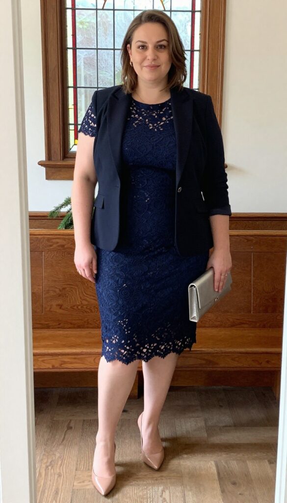 Plus-size woman in navy lace midi dress and black blazer, nude pumps, silver clutch, standing in chapel with stained glass