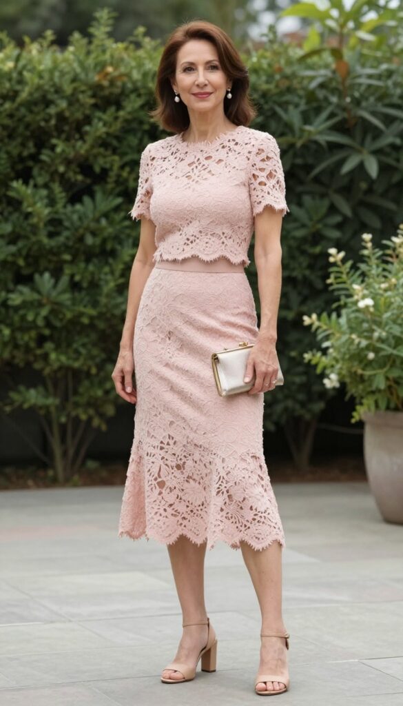Petite woman over 50 in blush pink two-piece set: cropped lace top and high-waisted midi skirt, nude block heels, metallic clutch, pearl earrings, at garden wedding.