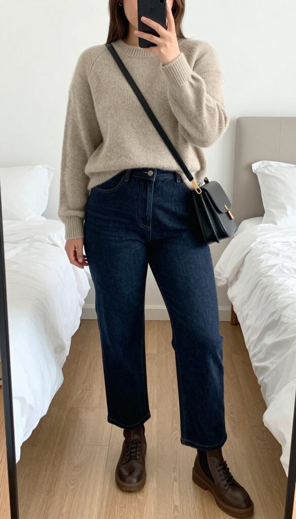 A woman in wide-leg jeans and a tucked-in cashmere sweater, wearing a crossbody belt bag and ankle boots, standing in a rainy city street.