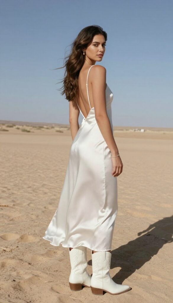 Woman in white silk open back slip dress and white cowboy boots in desert landscape