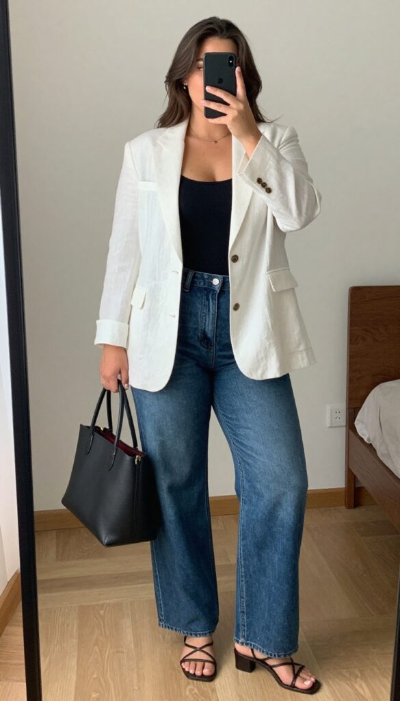 A woman in a white linen blazer, black bodysuit, and high-waisted wide-leg jeans, posing in a mirror selfie in a bedroom, partially covering her face with her phone.
