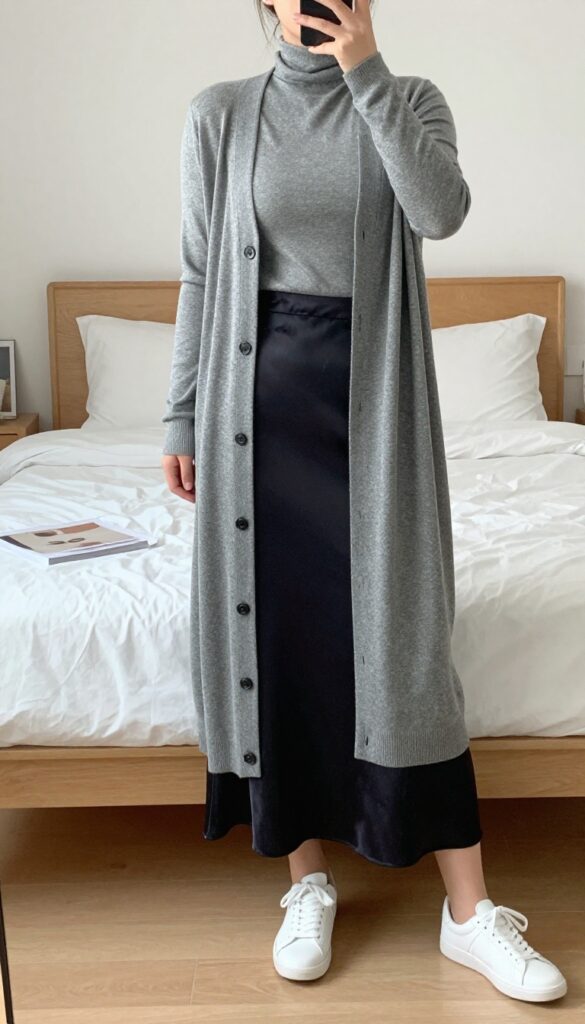 Woman in long cardigan coat over slip skirt, sneakers, taking mirror selfie in bedroom.
