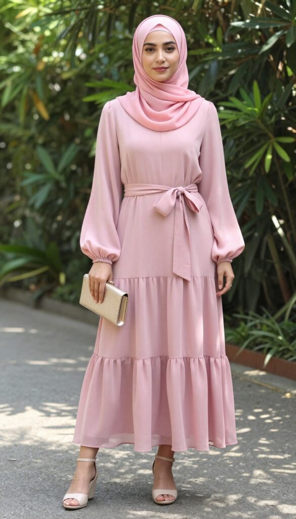 Hijabi woman in pink chiffon tiered dress with bow sash, nude wedges, and gold clutch in garden