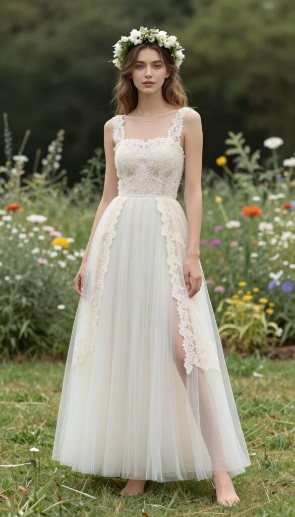 Woman in square neckline tulle wedding dress with layered lace kimono and flower crown at garden wedding