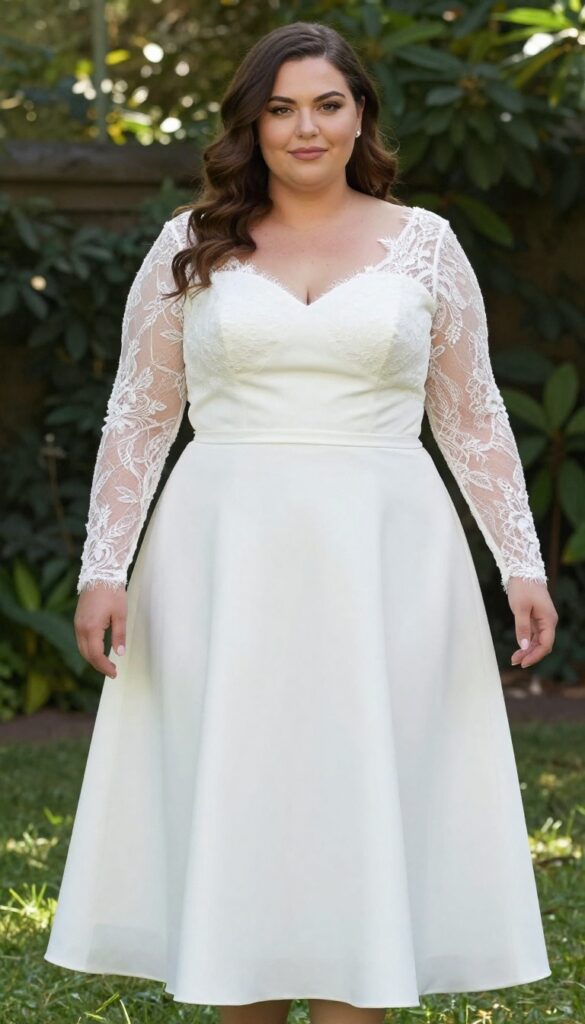 Plus-size bride in white A-line wedding dress with detachable sheer lace sleeves, unbuttoning one sleeve in a sunlit garden