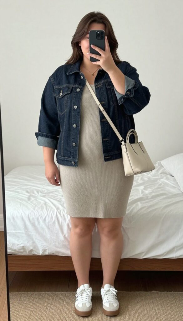 Jersey dress with denim jacket and sneakers for warm-weather business casual